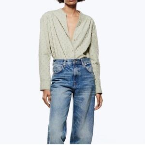 Zara Cotton PLUMETIS BLOUSE WITH LACE TRIM in Light Green Size L NWT Blogger